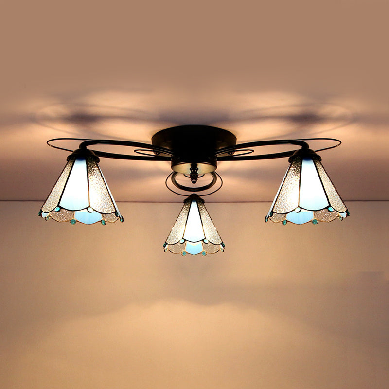 Geometric Ceiling Light with Art Pattern Tiffany Style Stained Glass 3 Lights Flushmount Ceiling Light in Black Black Frosted Clearhalo 'Ceiling Lights' 'Close To Ceiling Lights' 'Close to ceiling' 'Glass shade' 'Glass' 'Pendant Lights' 'Semi-flushmount' 'Tiffany close to ceiling' 'Tiffany' Lighting' 26229