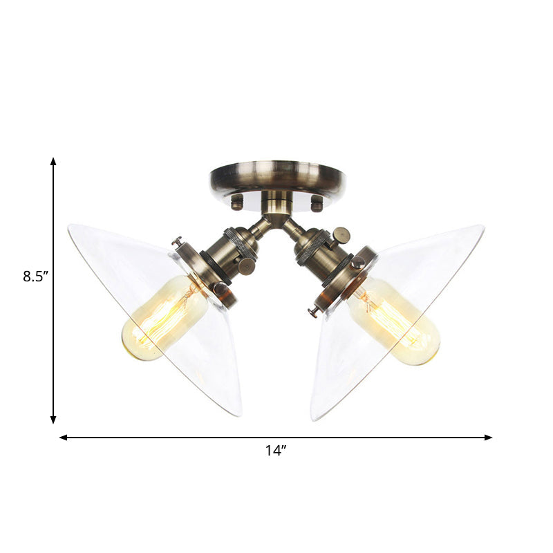 Conical Restaurant Semi Flush Light Clear Glass 2 Lights Industrial Stylish Ceiling Flush Mount in Black/Bronze Clearhalo 'Ceiling Lights' 'Close To Ceiling Lights' 'Close to ceiling' 'Glass shade' 'Glass' 'Pendant Lights' 'Semi-flushmount' Lighting' 262324