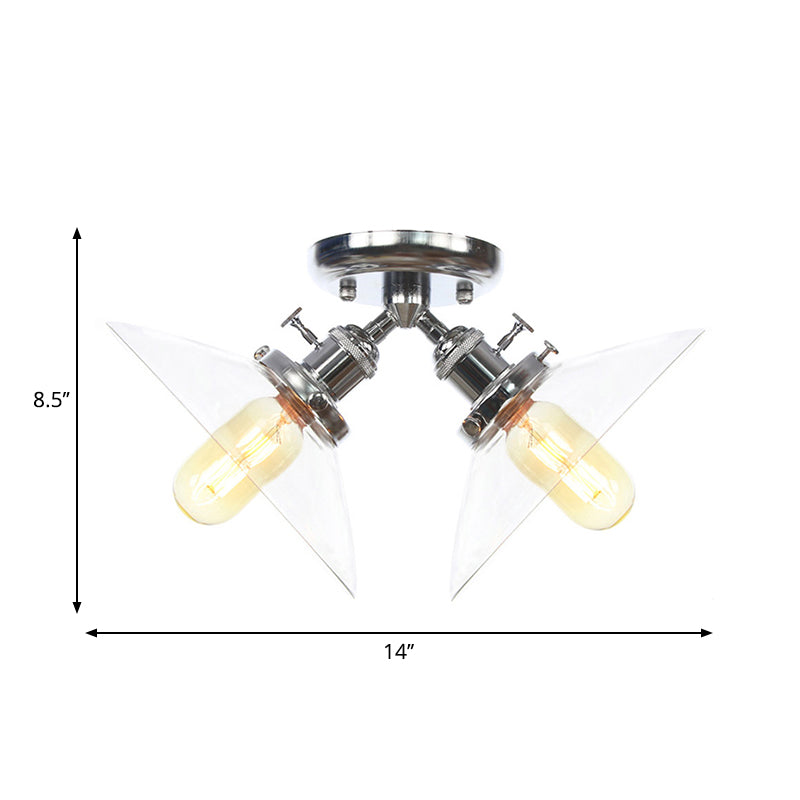 Conical Restaurant Semi Flush Light Clear Glass 2 Lights Industrial Stylish Ceiling Flush Mount in Black/Bronze Clearhalo 'Ceiling Lights' 'Close To Ceiling Lights' 'Close to ceiling' 'Glass shade' 'Glass' 'Pendant Lights' 'Semi-flushmount' Lighting' 262327