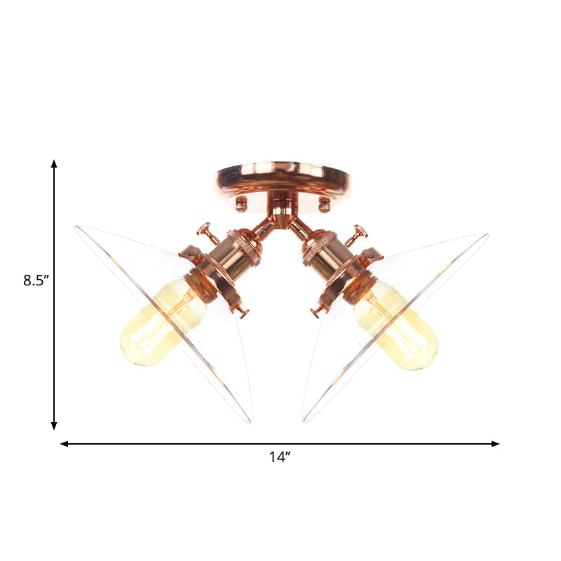Conical Restaurant Semi Flush Light Clear Glass 2 Lights Industrial Stylish Ceiling Flush Mount in Black/Bronze Clearhalo 'Ceiling Lights' 'Close To Ceiling Lights' 'Close to ceiling' 'Glass shade' 'Glass' 'Pendant Lights' 'Semi-flushmount' Lighting' 262328