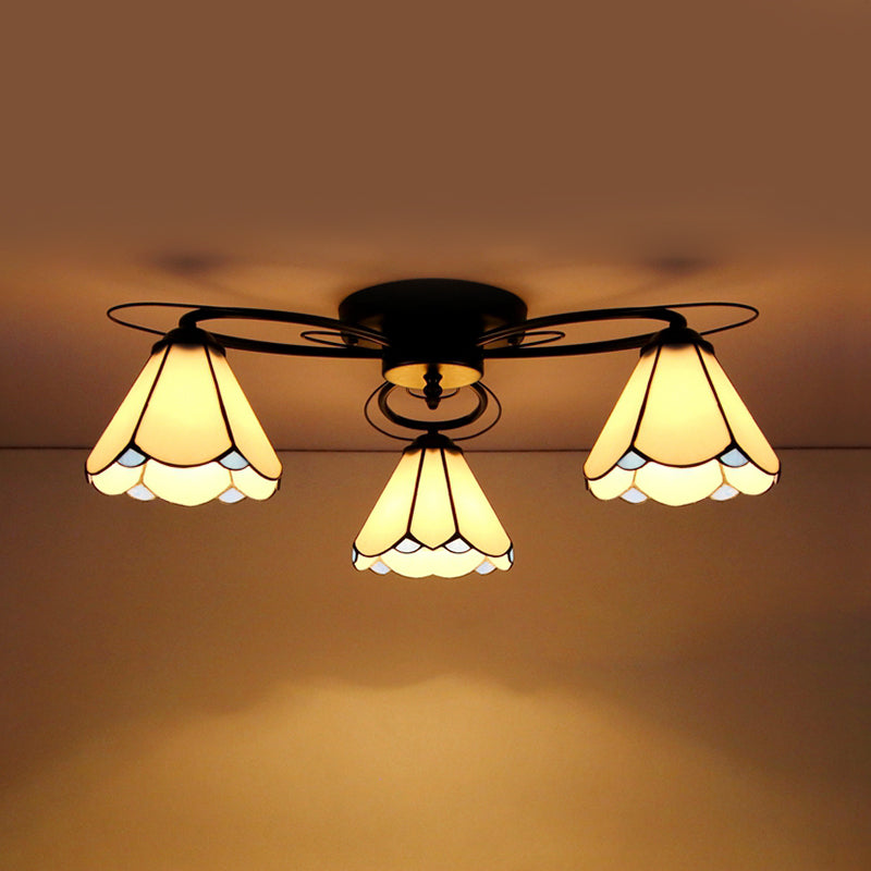 Geometric Ceiling Light with Art Pattern Tiffany Style Stained Glass 3 Lights Flushmount Ceiling Light in Black Black White Clearhalo 'Ceiling Lights' 'Close To Ceiling Lights' 'Close to ceiling' 'Glass shade' 'Glass' 'Pendant Lights' 'Semi-flushmount' 'Tiffany close to ceiling' 'Tiffany' Lighting' 26235