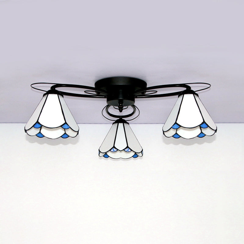 Geometric Ceiling Light with Art Pattern Tiffany Style Stained Glass 3 Lights Flushmount Ceiling Light in Black Clearhalo 'Ceiling Lights' 'Close To Ceiling Lights' 'Close to ceiling' 'Glass shade' 'Glass' 'Pendant Lights' 'Semi-flushmount' 'Tiffany close to ceiling' 'Tiffany' Lighting' 26236