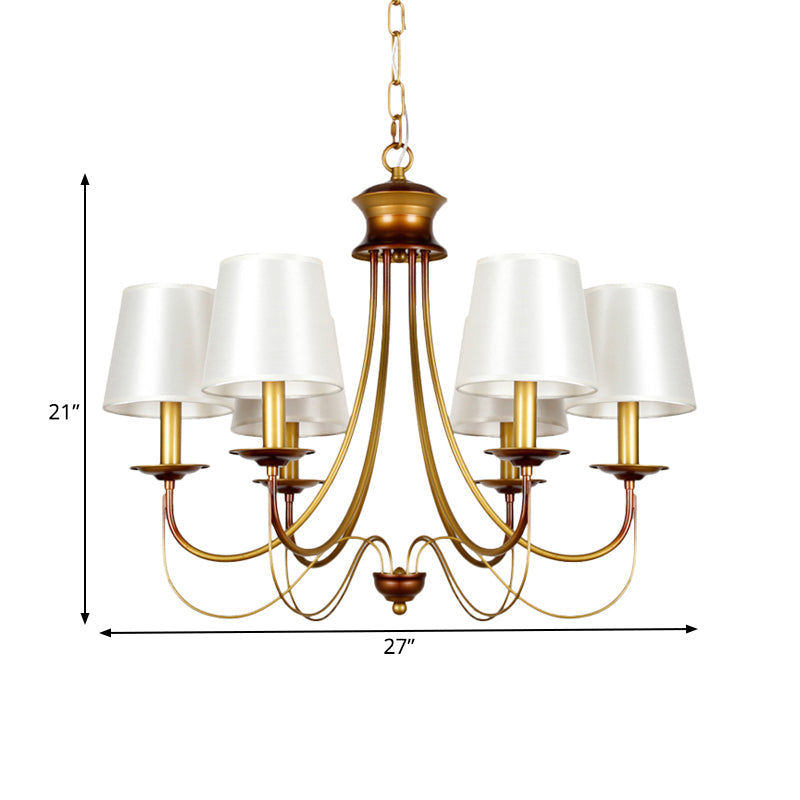 3/5/6 Lights Brass Finish Hanging Chandelier Traditional Conical Ceiling Light with White Fabric Lamp Shade Clearhalo 'Ceiling Lights' 'Chandeliers' Lighting' options 262431
