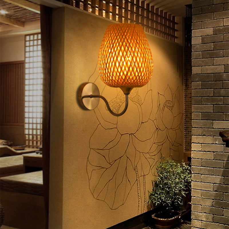Cup Sconce Modernism Bamboo 1 Bulb Wood Wall Light Fixture with Curved Metal Arm Clearhalo 'Modern wall lights' 'Modern' 'Wall Lamps & Sconces' 'Wall Lights' Lighting' 262470
