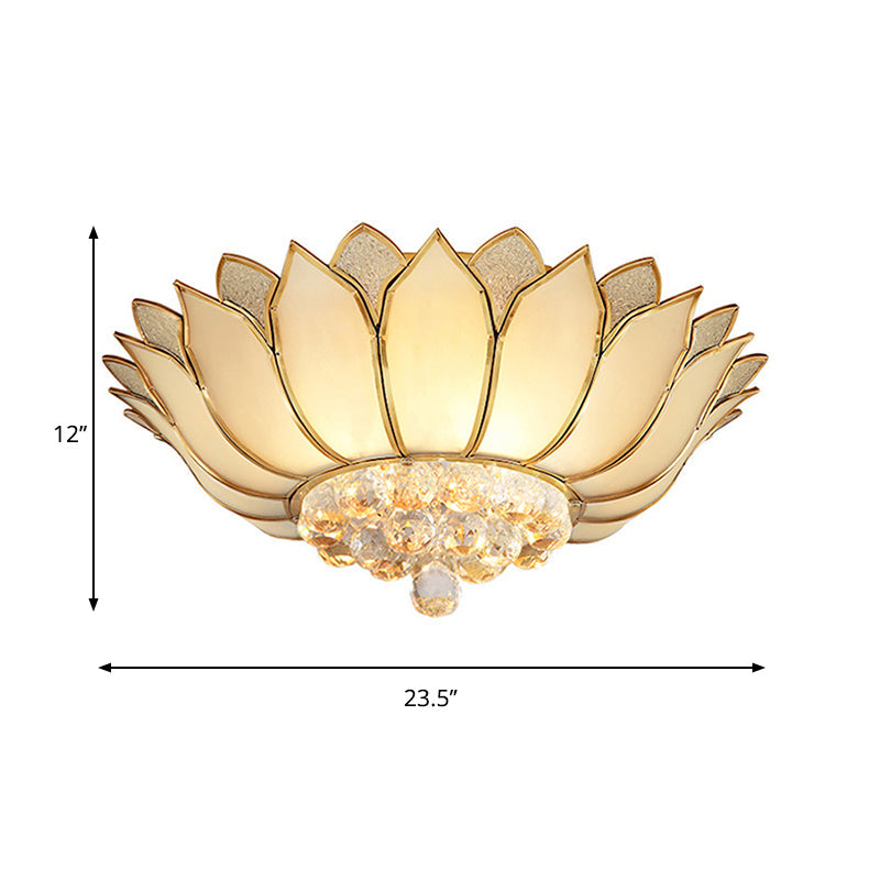 Golden Lotus Flush Mount Light Traditional 4/6 Lights Glass Ceiling Lamp with Crystal Drop Clearhalo 'Ceiling Lights' 'Close To Ceiling Lights' 'Close to ceiling' 'Flush mount' Lighting' 262555