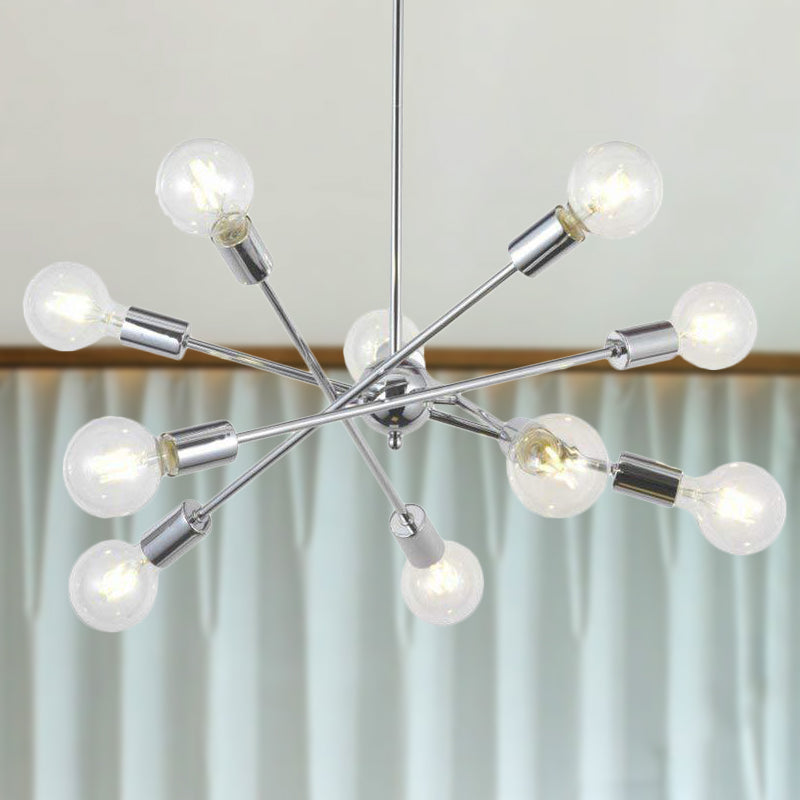 Sputnik Hanging Chandelier Light Industrial Style Metal 6/8/10 Bulbs Living Room Pendant Light in Brass/Chrome 10 Chrome Clearhalo 'Cast Iron' 'Ceiling Lights' 'Chandeliers' 'Industrial Chandeliers' 'Industrial' 'Metal' 'Middle Century Chandeliers' 'Rustic Chandeliers' 'Tiffany' Lighting' 262597