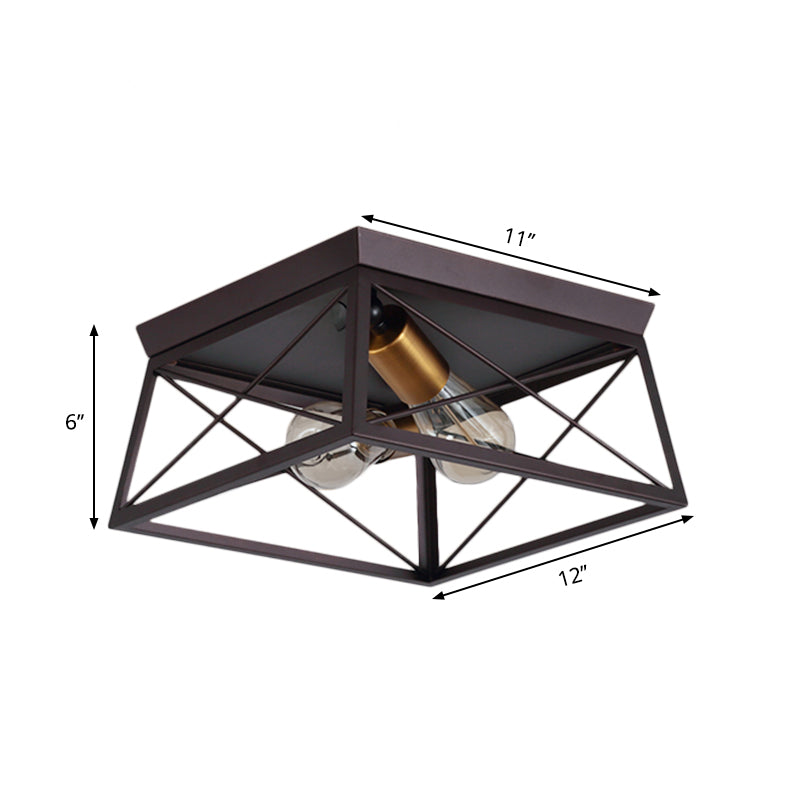 Metal Squared Frame Flush Light Industrial Style 2 Bulbs Coffee Ceiling Light Fixture for Restaurant, 10"/12" Wide Clearhalo 'Ceiling Lights' 'Close To Ceiling Lights' 'Close to ceiling' 'Flush mount' 'Industrial Flush Mount' Lighting' 262629