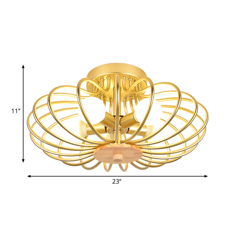 Metal Fan Shaped Semi-Flush Mount Light Industrial Style 3/5 Heads Black/White Ceiling Light Fixture with Wire Frame Clearhalo 'Ceiling Lights' 'Close To Ceiling Lights' 'Close to ceiling' 'Semi-flushmount' Lighting' 262651