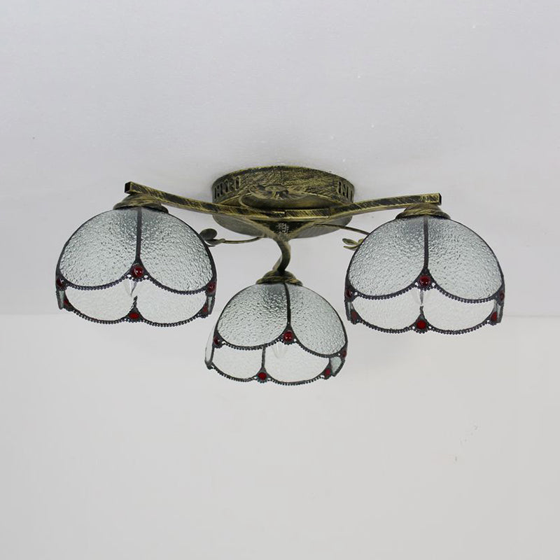 Rustic Dome Ceiling Fixture 3 Lights Beige/Yellow-Blue/Clear/Blue Glass Flush Mount Ceiling Fixture for Living Room Clearhalo 'Ceiling Lights' 'Close To Ceiling Lights' 'Close to ceiling' 'Glass shade' 'Glass' 'Semi-flushmount' 'Tiffany close to ceiling' 'Tiffany' Lighting' 26266