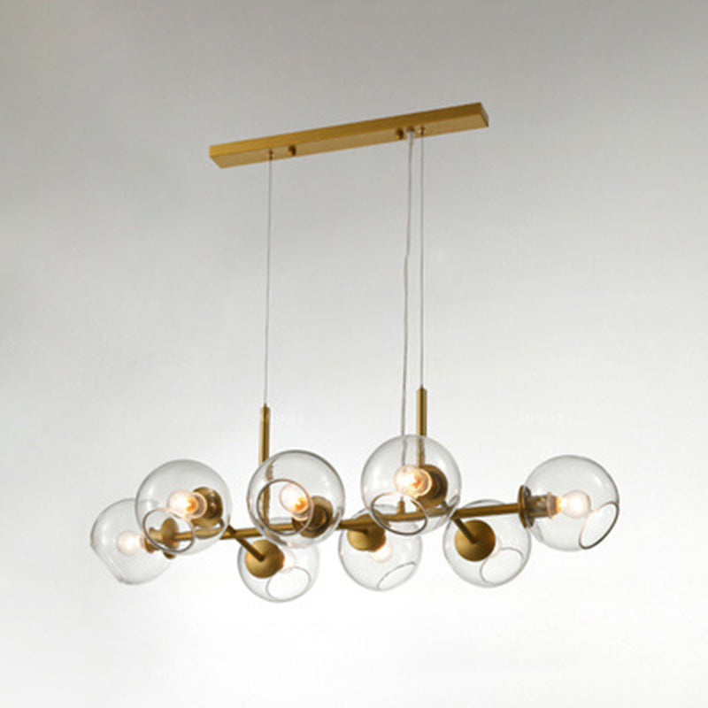 8 Light Mid-Century Gold Metal Island Pendant Lighting Spherical Glass Island Ceiling Light for Dining Table Clear Clearhalo 'Ceiling Lights' 'Island Lights' 'Lighting' 2628510