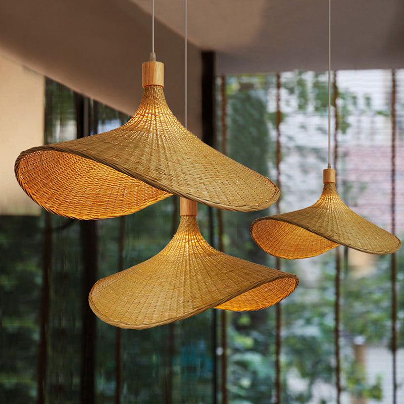 Beige Straw Hat Shape Hanging Lamp Kit Asian 1-Light Rattan Ceiling Pendant Light for Dining Table Clearhalo 'Ceiling Lights' 'Pendant Lights' 'Pendants' Lighting' 2628974