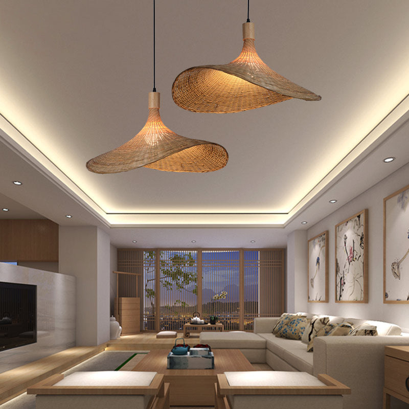 Beige Straw Hat Shape Hanging Lamp Kit Asian 1-Light Rattan Ceiling Pendant Light for Dining Table Beige Clearhalo 'Ceiling Lights' 'Pendant Lights' 'Pendants' Lighting' 2628975