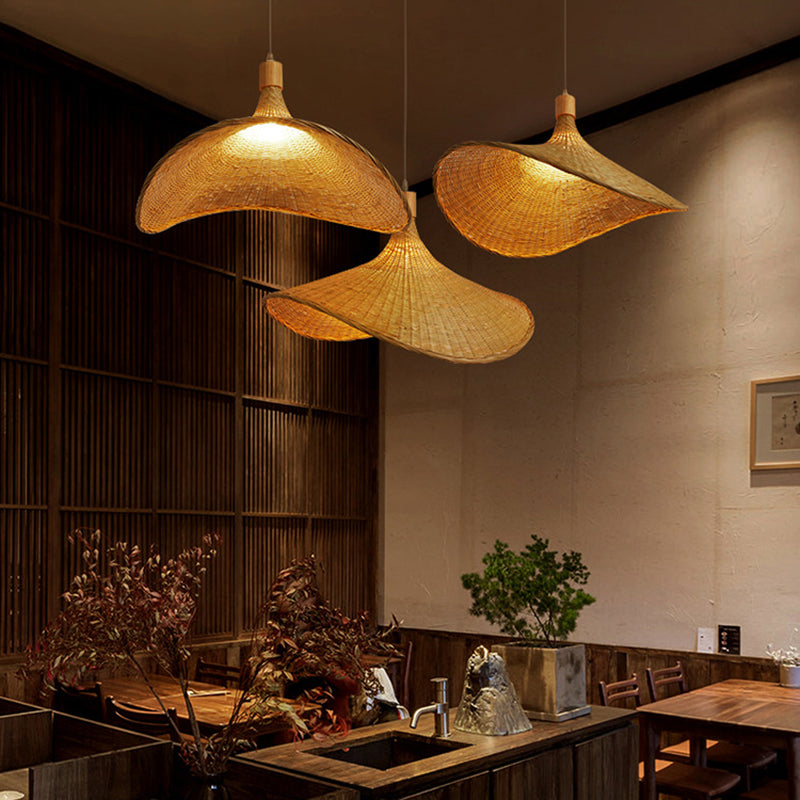 Beige Straw Hat Shape Hanging Lamp Kit Asian 1-Light Rattan Ceiling Pendant Light for Dining Table Clearhalo 'Ceiling Lights' 'Pendant Lights' 'Pendants' Lighting' 2628977