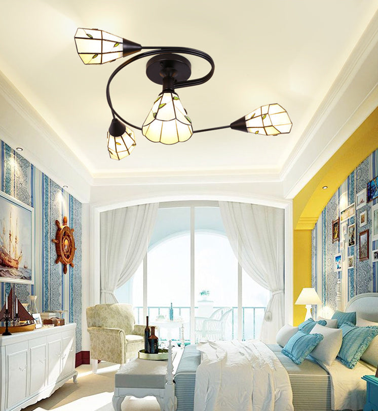 Tiffany Flower Semi Flush Light Stained Glass Ceiling Mounted Light for Living Room Clearhalo 'Ceiling Lights' 'Close To Ceiling Lights' 'Lighting' 2629198