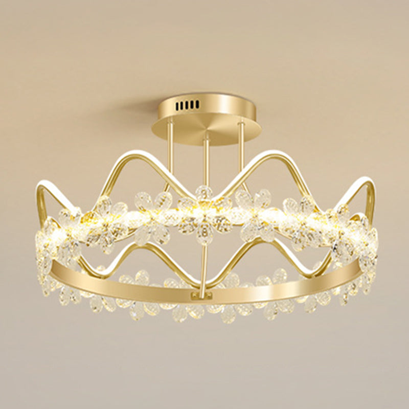 Gold Circular LED Ceiling Fixture Minimalist Flower Crystal Semi Flush Mount Light for Bedroom Gold 25" Remote Control Stepless Dimming Clearhalo 'Ceiling Lights' 'Close To Ceiling Lights' 'Lighting' 2629235