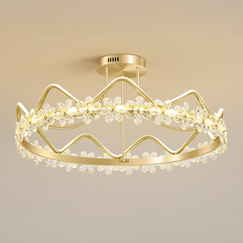Gold Circular LED Ceiling Fixture Minimalist Flower Crystal Semi Flush Mount Light for Bedroom Gold 32.5" Warm Clearhalo 'Ceiling Lights' 'Close To Ceiling Lights' 'Lighting' 2629239