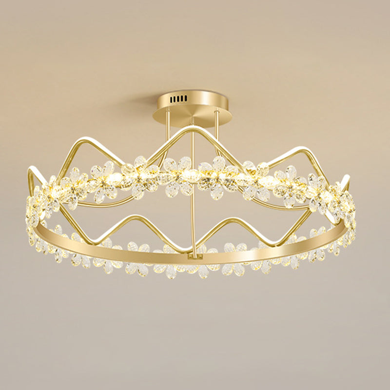 Gold Circular LED Ceiling Fixture Minimalist Flower Crystal Semi Flush Mount Light for Bedroom Gold 32.5" Remote Control Stepless Dimming Clearhalo 'Ceiling Lights' 'Close To Ceiling Lights' 'Lighting' 2629241