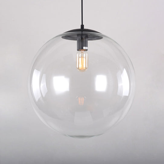 Globe Pendant Lighting Industrial 6"/8"/12" Wide 1 Light Clear Glass Hanging Ceiling Light in Black/Chrome Black 12" Clearhalo 'Ceiling Lights' 'Close To Ceiling Lights' 'Glass shade' 'Glass' 'Industrial Pendants' 'Industrial' 'Middle Century Pendants' 'Pendant Lights' 'Pendants' 'Tiffany' Lighting' 26300