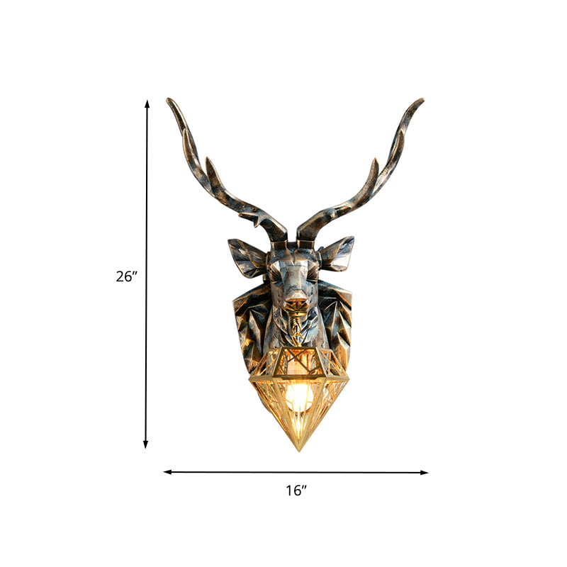 Vintage Diamond Brass Metal Sconce Light 1 Light Wall Lamp with Resin Deer Decoration, 16"/18.5" Wide Clearhalo 'Wall Lamps & Sconces' 'Wall Lights' Lighting' 263154
