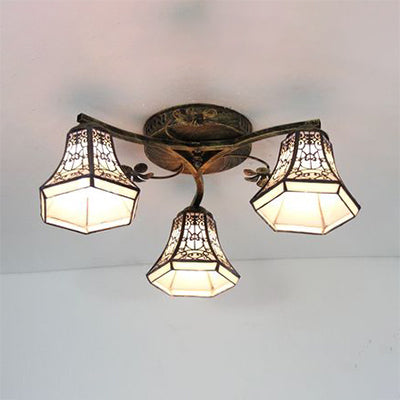 Retro Style Geometric Ceiling Light Fixture Stained Glass 3 Lights Ceiling Fixture with Wire Mesh/Mediterranean/ Magnolia/Baroque Pattern Bronze Wire Mesh Clearhalo 'Ceiling Lights' 'Close To Ceiling Lights' 'Close to ceiling' 'Glass shade' 'Glass' 'Semi-flushmount' 'Tiffany close to ceiling' 'Tiffany' Lighting' 26317