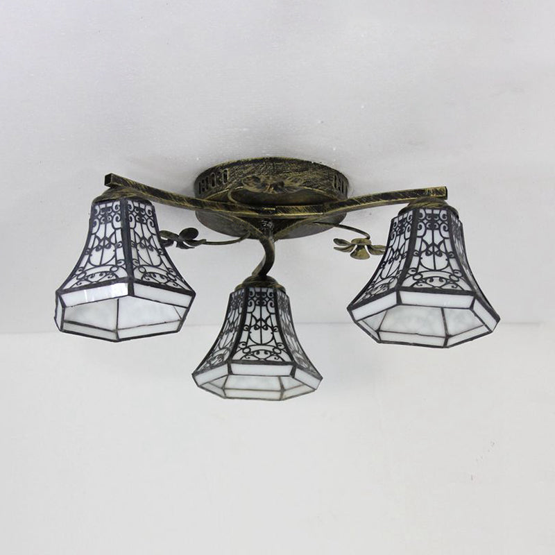 Retro Style Geometric Ceiling Light Fixture Stained Glass 3 Lights Ceiling Fixture with Wire Mesh/Mediterranean/ Magnolia/Baroque Pattern Clearhalo 'Ceiling Lights' 'Close To Ceiling Lights' 'Close to ceiling' 'Glass shade' 'Glass' 'Semi-flushmount' 'Tiffany close to ceiling' 'Tiffany' Lighting' 26318