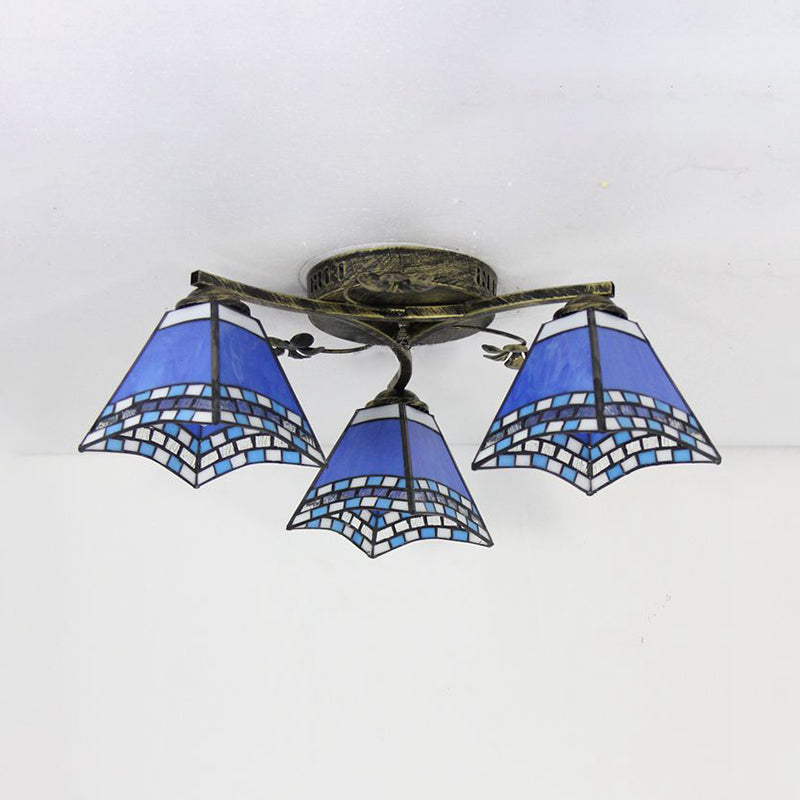 Retro Style Geometric Ceiling Light Fixture Stained Glass 3 Lights Ceiling Fixture with Wire Mesh/Mediterranean/ Magnolia/Baroque Pattern Clearhalo 'Ceiling Lights' 'Close To Ceiling Lights' 'Close to ceiling' 'Glass shade' 'Glass' 'Semi-flushmount' 'Tiffany close to ceiling' 'Tiffany' Lighting' 26320