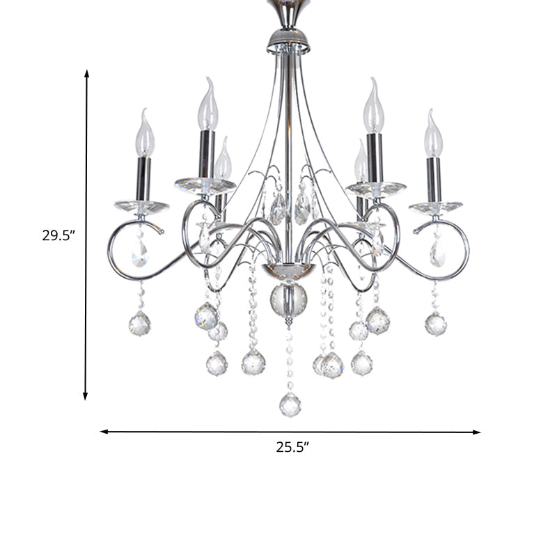 Candle Living Room Chandelier Lighting Traditional Metal 6 Heads Silver Hanging Light with Crystal Ball Decoration Clearhalo 'Ceiling Lights' 'Chandeliers' 'Modern Chandeliers' 'Modern' Lighting' 263200