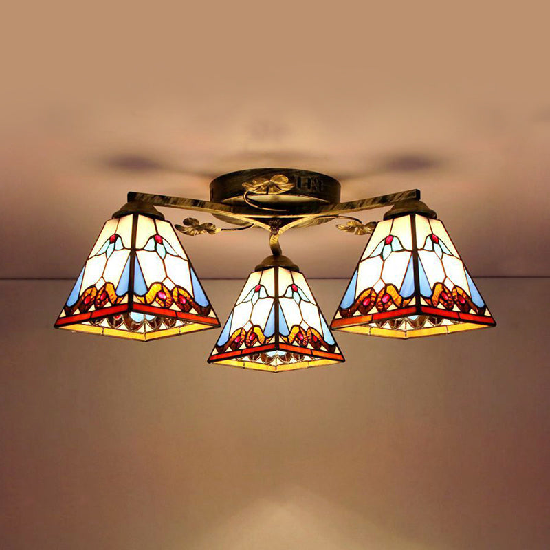 Retro Style Geometric Ceiling Light Fixture Stained Glass 3 Lights Ceiling Fixture with Wire Mesh/Mediterranean/ Magnolia/Baroque Pattern Bronze Baroque Clearhalo 'Ceiling Lights' 'Close To Ceiling Lights' 'Close to ceiling' 'Glass shade' 'Glass' 'Semi-flushmount' 'Tiffany close to ceiling' 'Tiffany' Lighting' 26321