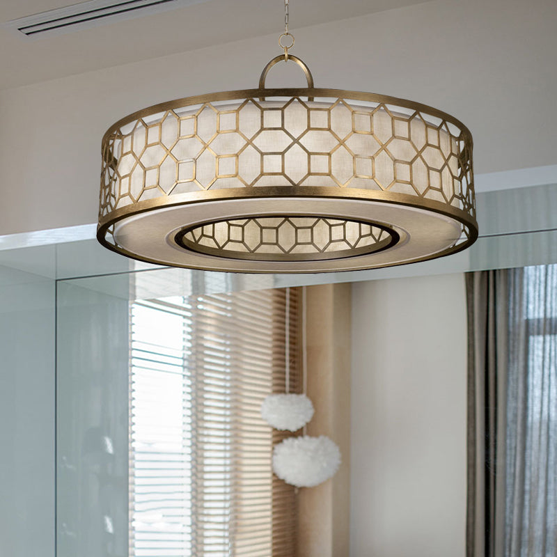 16"/19.5"/23.5" Dia Chinese Style Drum Chandelier 3-Light Brass Hanging Ceiling Lamp in Gold Gold Clearhalo 'Ceiling Lights' 'Chandeliers' Lighting' options 263641_2264704d-1892-4906-8438-260d7bdcec14