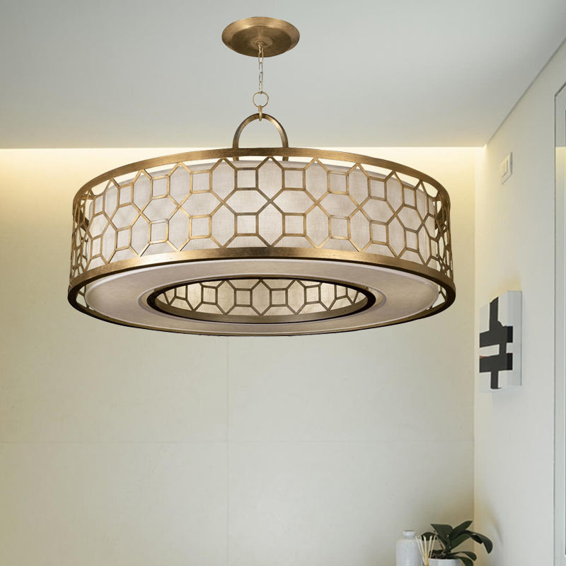 16"/19.5"/23.5" Dia Chinese Style Drum Chandelier 3-Light Brass Hanging Ceiling Lamp in Gold Clearhalo 'Ceiling Lights' 'Chandeliers' Lighting' options 263642