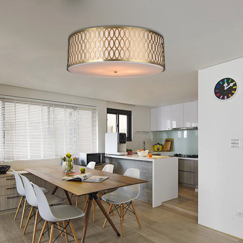 16"/19.5"/���23.5" Dia 4-Light Fabric Flush Light Traditional White Round Ceiling Mounted Lamp with Gold Metal Mesh Frame Gold Clearhalo 'Ceiling Lights' 'Close To Ceiling Lights' 'Close to ceiling' 'Flush mount' Lighting' 263826