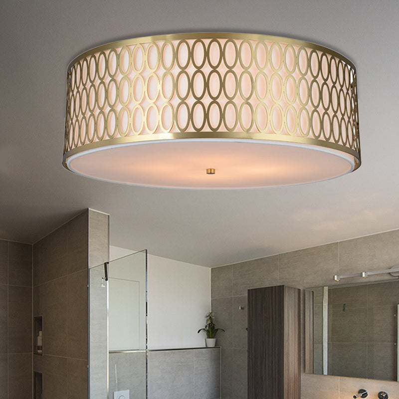 16"/19.5"/���23.5" Dia 4-Light Fabric Flush Light Traditional White Round Ceiling Mounted Lamp with Gold Metal Mesh Frame Clearhalo 'Ceiling Lights' 'Close To Ceiling Lights' 'Close to ceiling' 'Flush mount' Lighting' 263827