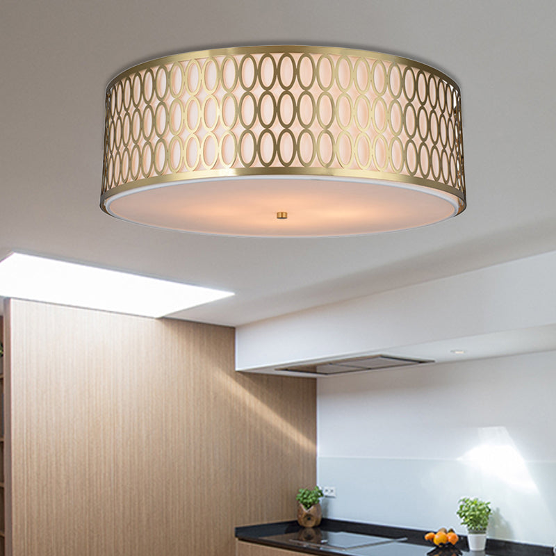 16"/19.5"/���23.5" Dia 4-Light Fabric Flush Light Traditional White Round Ceiling Mounted Lamp with Gold Metal Mesh Frame Clearhalo 'Ceiling Lights' 'Close To Ceiling Lights' 'Close to ceiling' 'Flush mount' Lighting' 263828