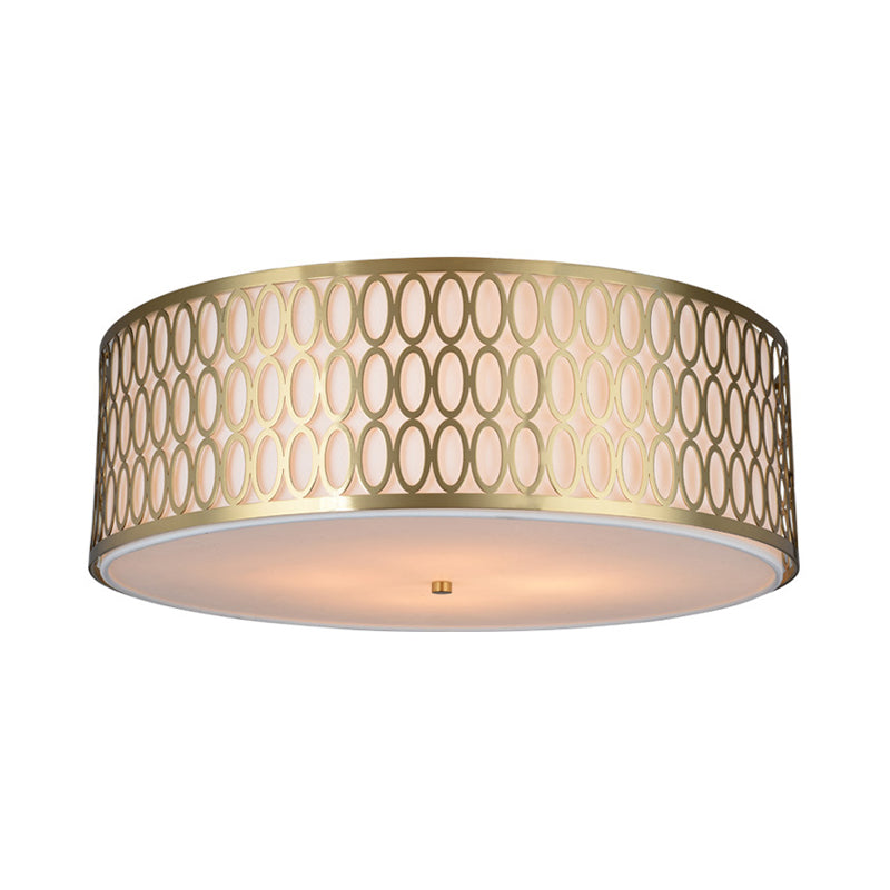 16"/19.5"/���23.5" Dia 4-Light Fabric Flush Light Traditional White Round Ceiling Mounted Lamp with Gold Metal Mesh Frame Clearhalo 'Ceiling Lights' 'Close To Ceiling Lights' 'Close to ceiling' 'Flush mount' Lighting' 263829