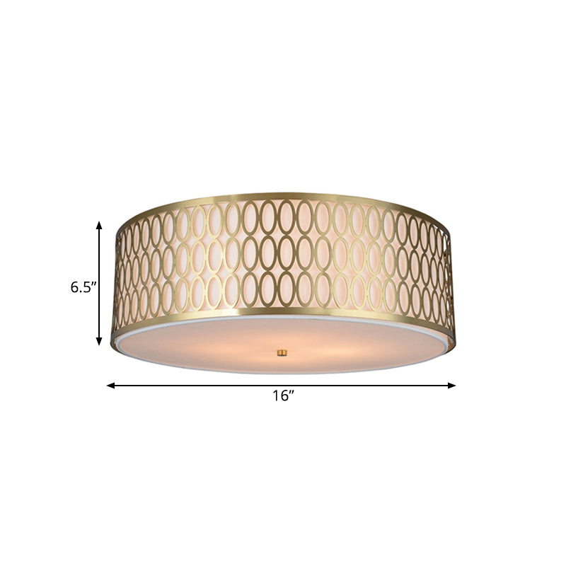 16"/19.5"/���23.5" Dia 4-Light Fabric Flush Light Traditional White Round Ceiling Mounted Lamp with Gold Metal Mesh Frame Clearhalo 'Ceiling Lights' 'Close To Ceiling Lights' 'Close to ceiling' 'Flush mount' Lighting' 263830