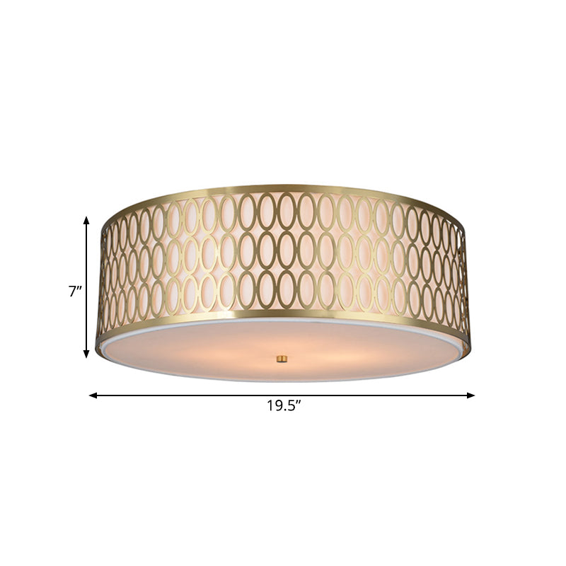 16"/19.5"/���23.5" Dia 4-Light Fabric Flush Light Traditional White Round Ceiling Mounted Lamp with Gold Metal Mesh Frame Clearhalo 'Ceiling Lights' 'Close To Ceiling Lights' 'Close to ceiling' 'Flush mount' Lighting' 263831