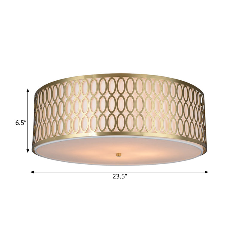 16"/19.5"/���23.5" Dia 4-Light Fabric Flush Light Traditional White Round Ceiling Mounted Lamp with Gold Metal Mesh Frame Clearhalo 'Ceiling Lights' 'Close To Ceiling Lights' 'Close to ceiling' 'Flush mount' Lighting' 263832
