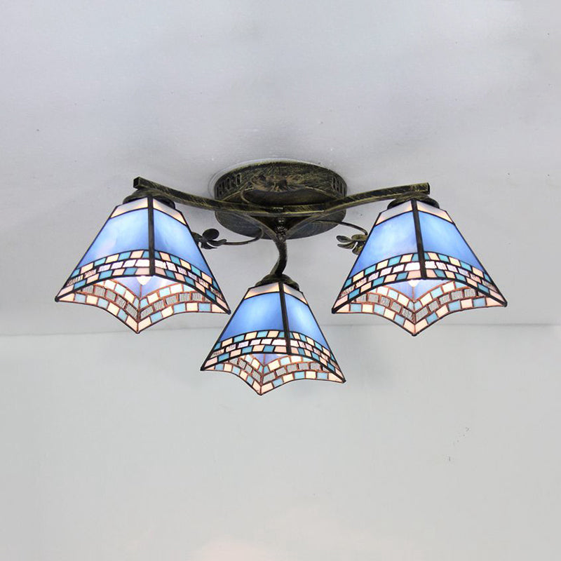 Conic Ceiling Fixture Vintage Stained Glass 3 Lights Flushmount Ceiling Light with Art Pattern Antique Bronze Navy Blue Clearhalo 'Ceiling Lights' 'Close To Ceiling Lights' 'Close to ceiling' 'Glass shade' 'Glass' 'Semi-flushmount' 'Tiffany close to ceiling' 'Tiffany' Lighting' 26392
