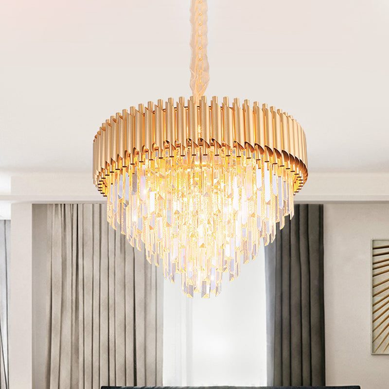 Crystal Tapered Chandelier Lamp Modernist 9/12-Light Golden Bedroom Drop Pendant Clearhalo 'Ceiling Lights' 'Chandeliers' 'Modern Chandeliers' 'Modern' Lighting' 264682