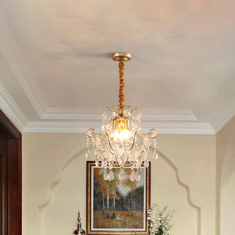 Bent Armed Metal Pendant Chandelier Transitional 3-Light Gold Ceiling Light Fixture with Crystal Draping Gold Clearhalo 'Ceiling Lights' 'Chandeliers' 'Modern Chandeliers' 'Modern' Lighting' 264840