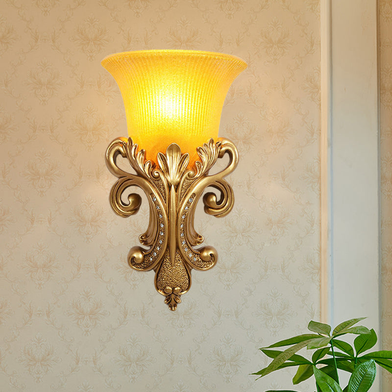 Colonial Bell Flush Mount 1 Head Prismatic Glass Wall Sconce Lighting in Gold for Living Room Clearhalo 'Wall Lamps & Sconces' 'Wall Lights' Lighting' 264930