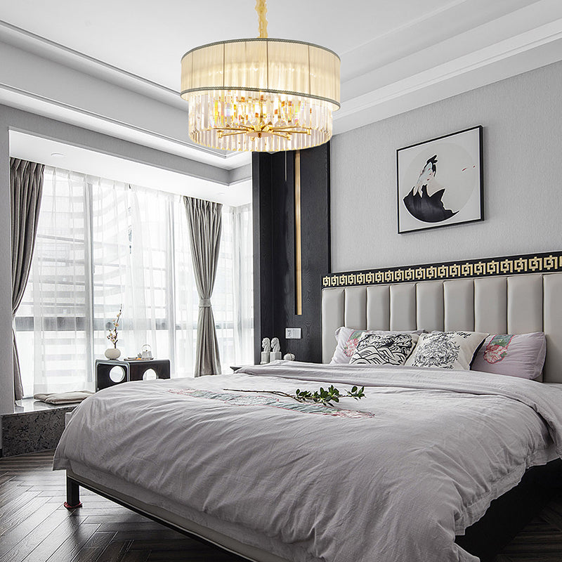 19.5/23.5" W Round Chandelier Lighting with Crystal Block Height Adjustable Contemporary 6/8 Lights Pendant Light in Gold Clearhalo 'Ceiling Lights' 'Chandeliers' 'Modern Chandeliers' 'Modern' Lighting' 265150