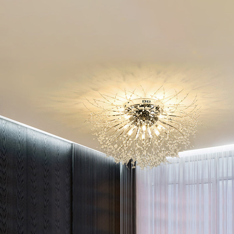 23.5"/27.5" W Radial Crystal Flush Mount Lamp Contemporary 6/8 Lights Bedroom Ceiling Mounted Fixture in Silver/Gold, Warm Light Silver Clearhalo 'Ceiling Lights' 'Close To Ceiling Lights' 'Close to ceiling' 'Flush mount' Lighting' 265224