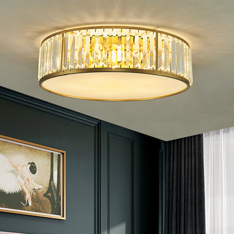 3/4/5 Lights Flush Light Contemporary Drum Crystal Ceiling Flush Mount in Gold for Bedroom, 12.5"/16.5"/20.5" W Gold Clearhalo 'Ceiling Lights' 'Close To Ceiling Lights' 'Close to ceiling' 'Flush mount' Lighting' 265255