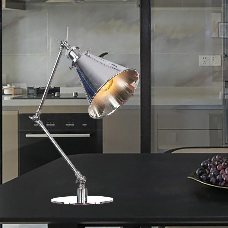 Tapered Study Room Desk Lighting Metal 1 Light Industrial Reading Book Light with 8"+8"/8"+8"+8" Length Arm in Chrome Clearhalo 'Lamps' 'Table Lamps' Lighting' 265503