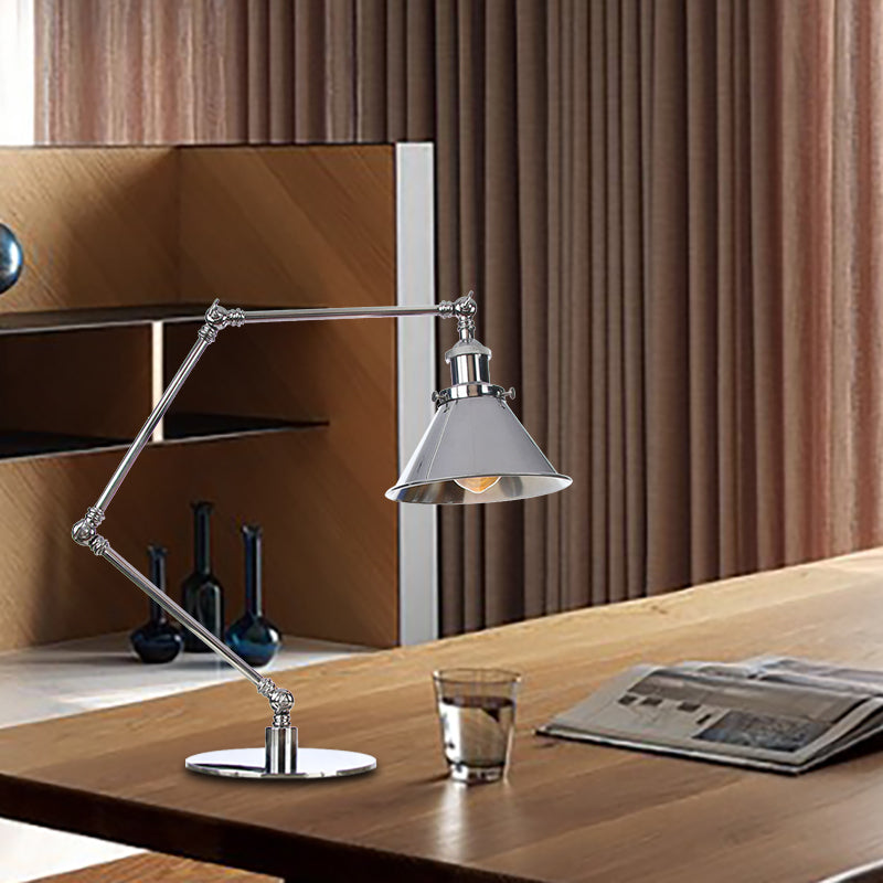 Tapered Study Room Desk Lighting Metal 1 Light Industrial Reading Book Light with 8"+8"/8"+8"+8" Length Arm in Chrome Clearhalo 'Lamps' 'Table Lamps' Lighting' 265524