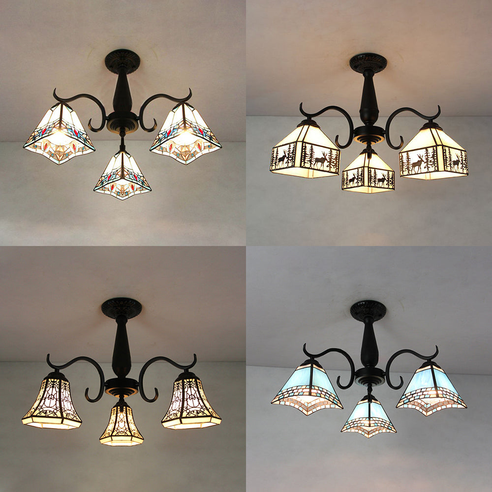 3 Heads Geometric Semi Flush Light with Magnolia/Mediterranean/Elk/Wire Mesh Pattern Rustic Stained Glass Ceiling Light Fixture for Bedroom Clearhalo 'Ceiling Lights' 'Close To Ceiling Lights' 'Close to ceiling' 'Glass shade' 'Glass' 'Semi-flushmount' 'Tiffany close to ceiling' 'Tiffany' Lighting' 26555