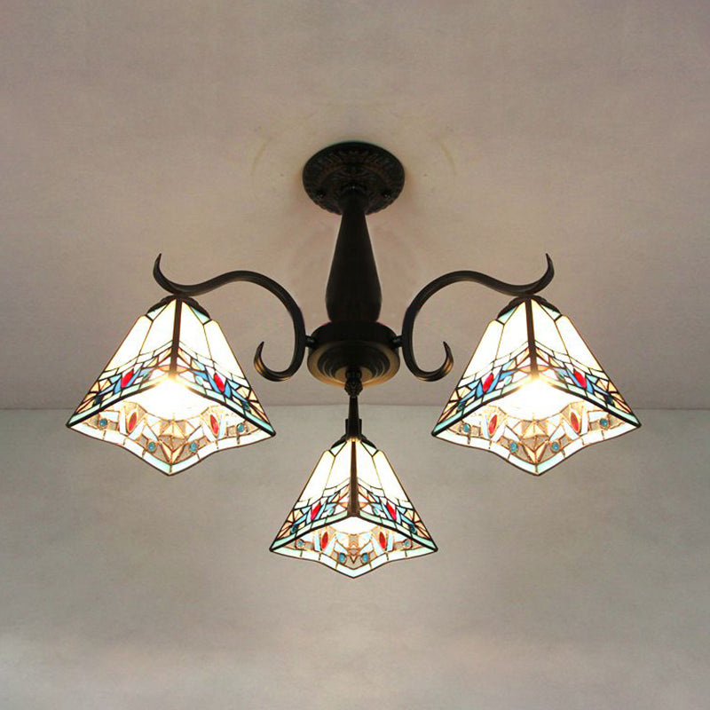 3 Heads Geometric Semi Flush Light with Magnolia/Mediterranean/Elk/Wire Mesh Pattern Rustic Stained Glass Ceiling Light Fixture for Bedroom Black Magnolia Clearhalo 'Ceiling Lights' 'Close To Ceiling Lights' 'Close to ceiling' 'Glass shade' 'Glass' 'Semi-flushmount' 'Tiffany close to ceiling' 'Tiffany' Lighting' 26557