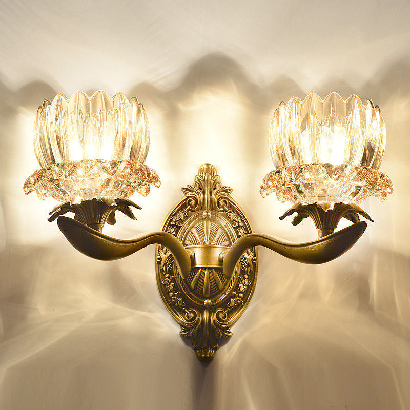 1/2 Lights Living Room Wall Mounted Lamp Vintage Brass Sconce Light with Flower Crystal Shade 2.0 Brass Clearhalo 'Cast Iron' 'Glass' 'Industrial' 'Modern wall lights' 'Modern' 'Tiffany' 'Traditional wall lights' 'Wall Lamps & Sconces' 'Wall Lights' Lighting' 265624