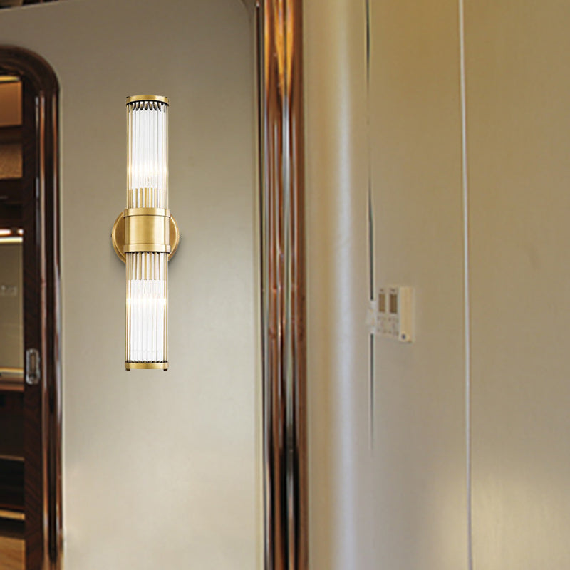 1/2 Bulbs Cylindrical Sconce Contemporary Gold Crystal Wall Mounted Light Fixture for Living Room Clearhalo 'Modern wall lights' 'Modern' 'Wall Lamps & Sconces' 'Wall Lights' Lighting' 265695